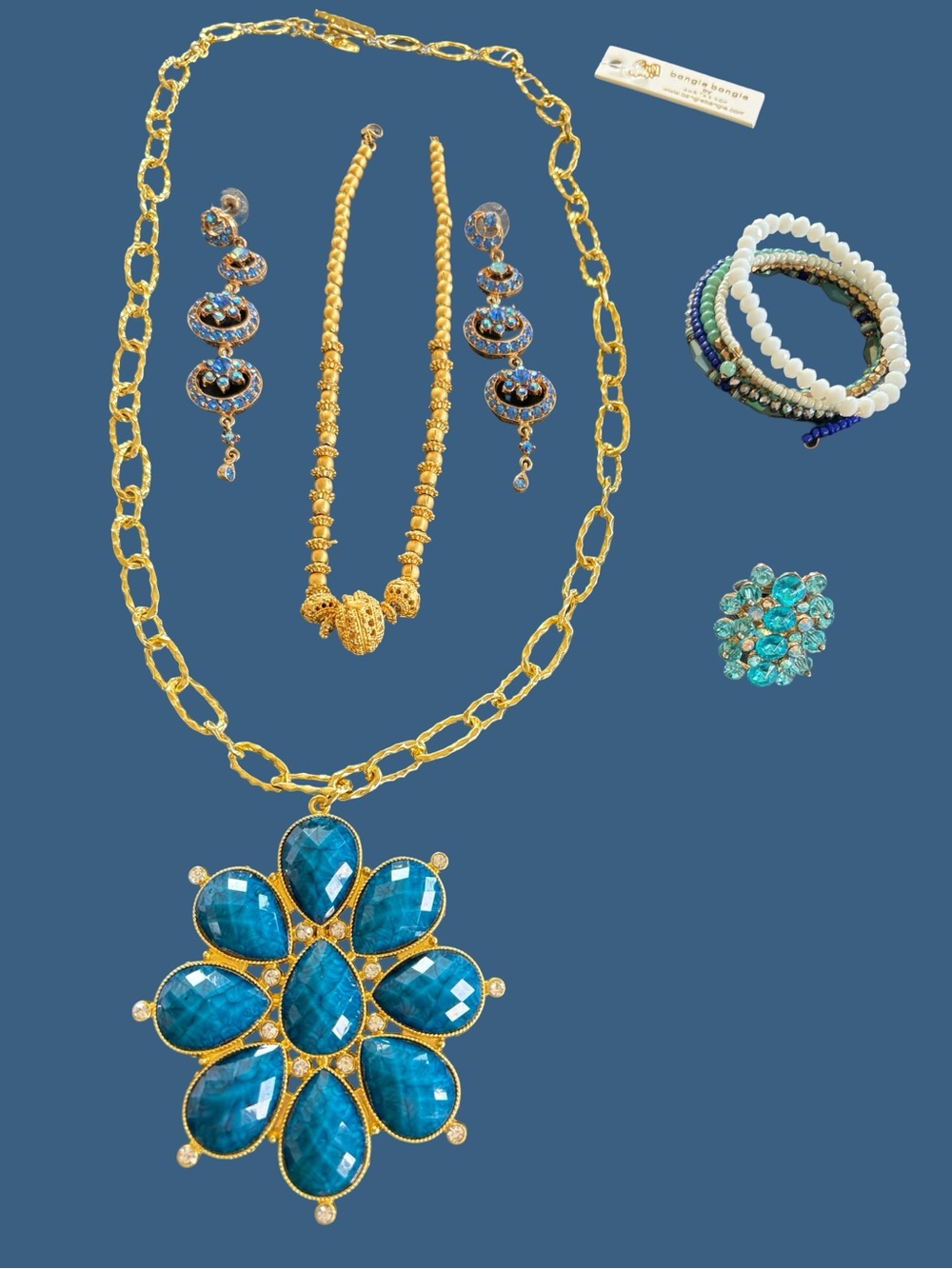 Amrita Singh Gold-Tone Necklace Set with Turquoise Blue Flower Pendant